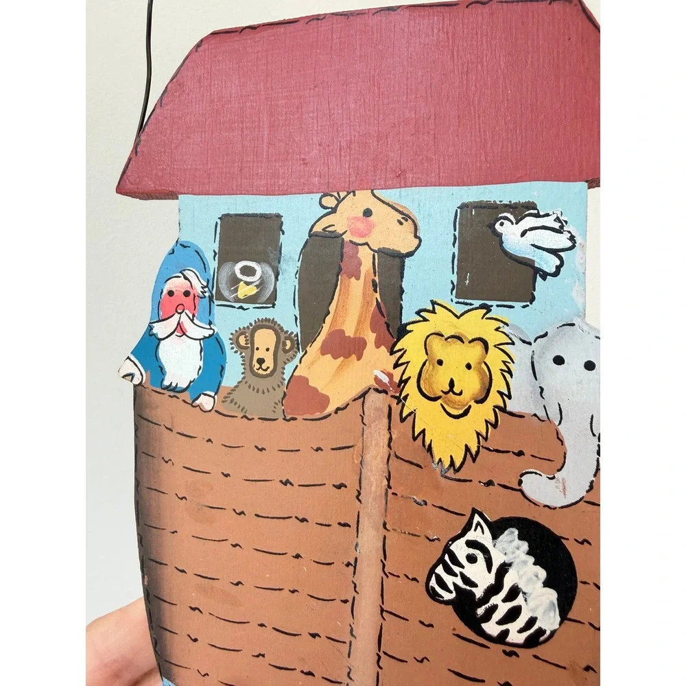 Hand Painted Wooden Noahs Ark Wall Hanging Folk Art Nursery Decor Animal Sign
